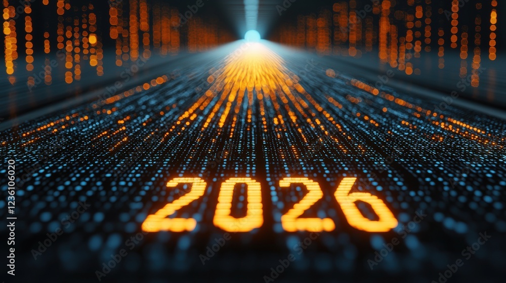 Poster futuristic digital technology background featuring holograms and numerical data representation for 2