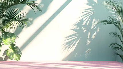 Lush Green Plants Casting Shadows on a Soft Pink Surface in Bright Room