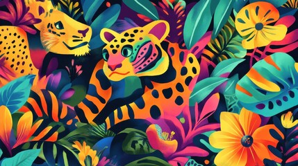 Colorful Jungle Scene with Exotic Animals and Vibrant Flora