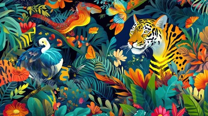 Fototapeta premium Colorful Jungle Scene with Wildlife and Vibrant Flora Elements