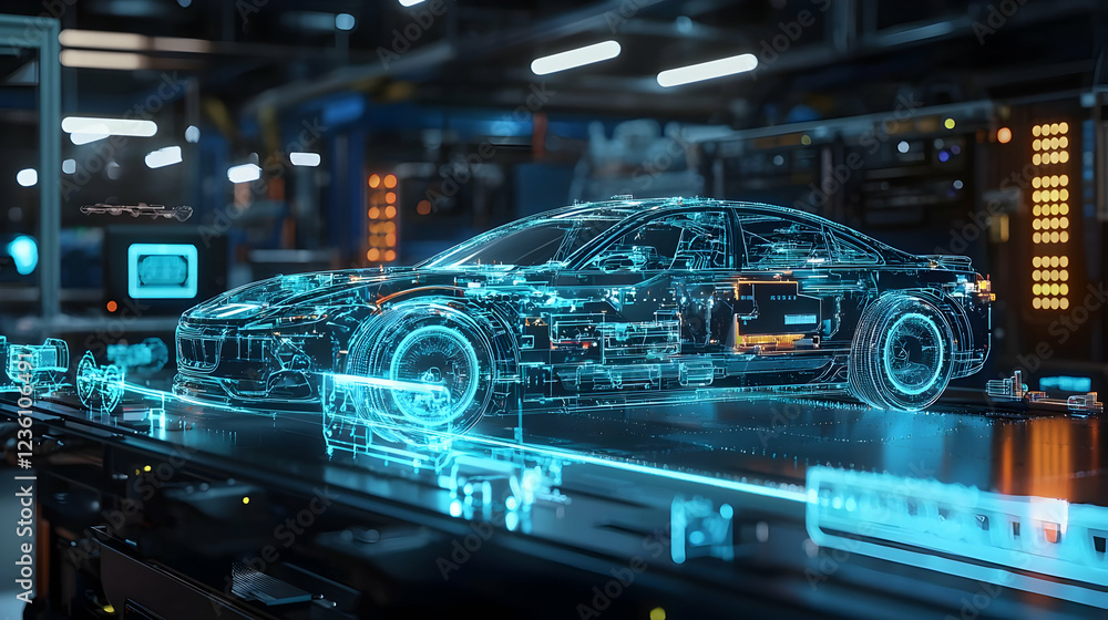 Aufkleber futuristic transparent car model displayed in a high-tech workshop environment