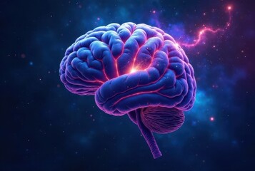 Obraz premium A Glowing Human Brain Illuminated by Cosmic Energy, Symbolizing the Limitless Potential of the Mind and its Connection to the Universe