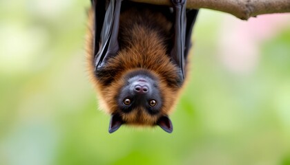 Obraz premium Adorable Upside Down Bat Hanging From Branch