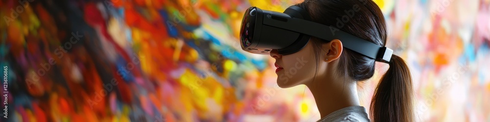 Poster a person wearing a virtual reality headset in a colorful environment