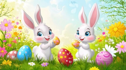 Obraz premium Cute Cartoon Bunnies with Colorful Easter Eggs in Spring Garden
