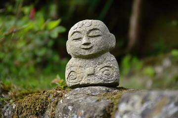 A stone statue sits atop a moss-covered rock, surrounded by nature