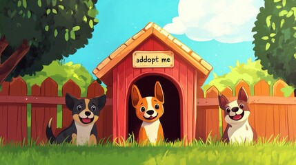 Naklejka premium Colorful Illustration of Dogs in a Playful Environment Near Shelter