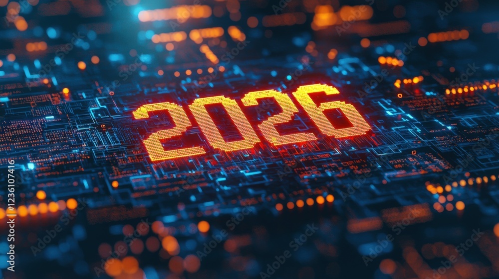 Aufkleber futuristic digital background featuring holographic elements and the year 2026 in a technologically 