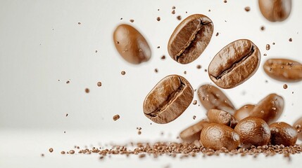 Obraz premium Roasted Coffee Beans in Motion Against White Background