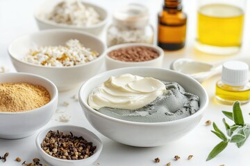 A table set up with various ingredients for cooking or meal prep, including bowls and utensils