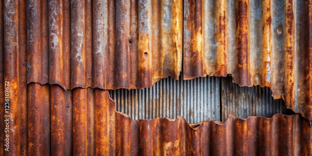 Poster rustic corrugated metal sheet with a ripped and weathered appearance, exposing a glimpse of the unde