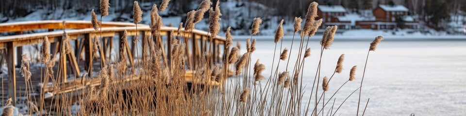 Fototapeta premium A wooden bridge spans a frozen lake, surrounded by a forest
