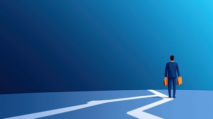 A businessman stands at a crossroads, contemplating his choices against a serene blue background.