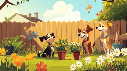 Fototapeta premium Playful Dogs in a Vibrant Garden Surrounded by Flowers and Plants