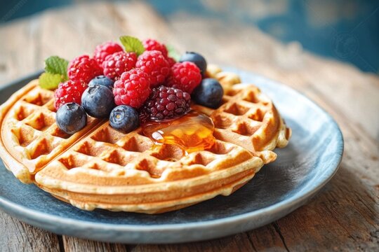 Freshly baked waffle served with sweet mixed berries and drizzled with golden syrup