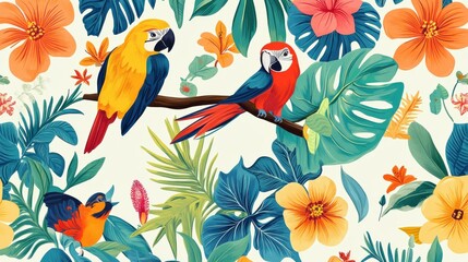 Fototapeta premium Colorful Tropical Birds and Vibrant Floral Background Design