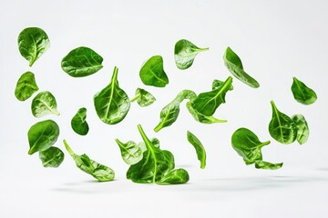 A bunch of spinach leaves blown up in the air