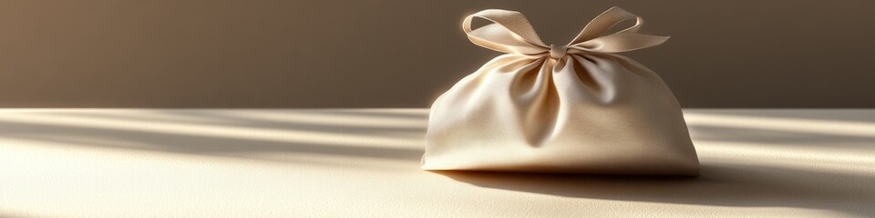 A white bag with a bow sitting on a table, perfect for storing small items or as a gift wrap accessory