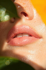 Fototapeta premium Close-up of caucasian female with freckles and glossy lips surrounded by leaves