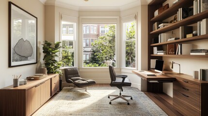Adaptable home workspace featuring a convertible desk and modular shelving in a bright room.