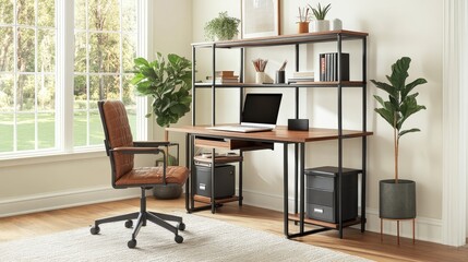 Adaptable home workspace featuring a convertible desk and modular shelving in a bright room.