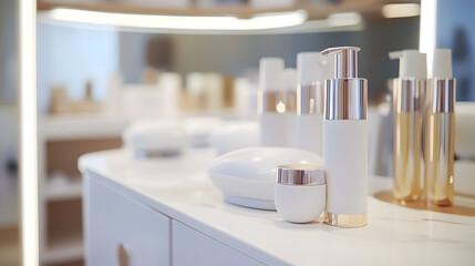 Fototapeta premium Assortment of Skincare Products Displayed on Minimalist White Shelves in a Professional Studio Setting Includes Bottles Containers Creams Serums and Lotions for Beauty and Wellness
