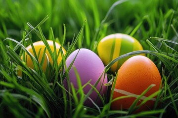 Fototapeta premium Colorful Easter eggs placed on a vibrant green grassy field