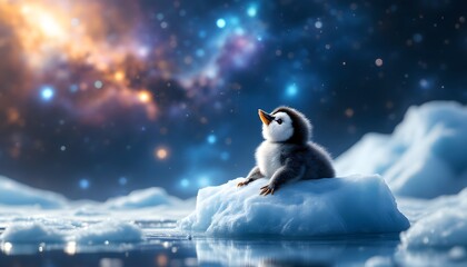 Cute Baby Penguin on Ice Under a Starry Sky