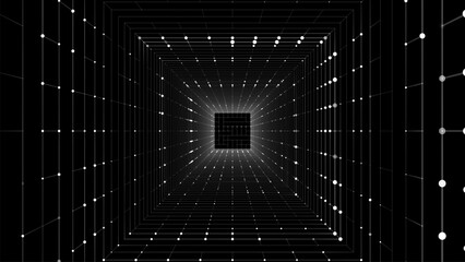 Obraz premium Futuristic vector sci-fi square portal in space. 3D black ai tunnel with dots and lines. Abstract digital wormhole data. Flow particle by funnel. Fantasy circle vortex on dark background.