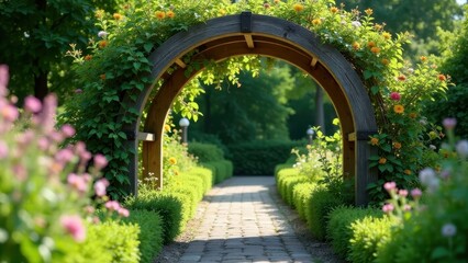 Serene Garden Pathway Archway with Blooming Flowers and Lush Greenery Leading to a Tranquil Destination