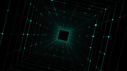 Futuristic vector sci-fi square portal in space. 3D blue ai tunnel with dots and lines. Abstract digital wormhole data. Flow particle by funnel. Fantasy circle vortex on dark background.