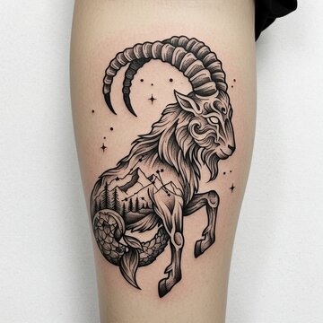 Capricorn Tattoo: Intricate Blackwork Mountain Landscape Design