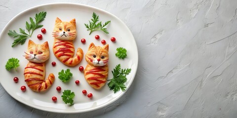 Obraz premium A playful and creative presentation of three cat-shaped pastries decorated with red stripes on a white plate, surrounded by green parsley and small red berries.