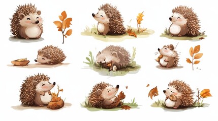 Obraz premium Cute Hedgehog Characters in Autumn Landscape with Leaves and Snacks