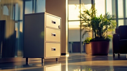 Office storage cabinet and plant with a sunset background in a modern design