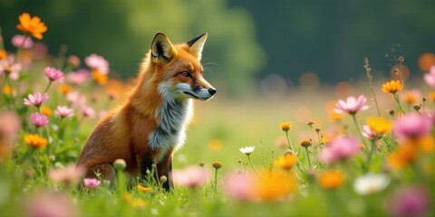 A red fox sits serenely amidst a vibrant meadow of wildflowers, bathed in the soft glow of sunlight, a picturesque scene of untamed beauty