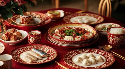 Naklejka premium Luxurious Chinese New Year feast; family dinner, delicious food, red tableware, ornate patterns, festive celebration