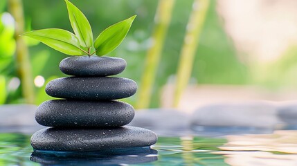 Obraz premium Serene Stack of Dark Gray Stones with Green Leaves in Tranquil Water