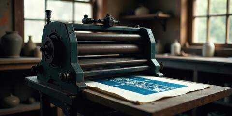 Fototapeta premium Antique Printing Press Craftsmanship A Vintage Tool Creating a Blue Print Artwork on a Rustic Wooden Table