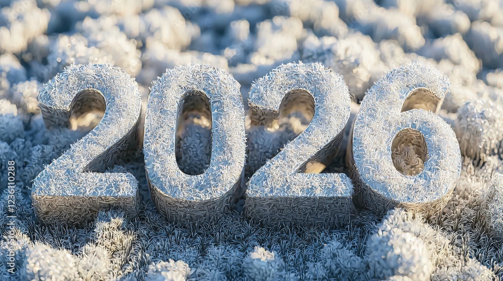 Aufkleber frosty number display for year 2026 surrounded by snowy background with textured details