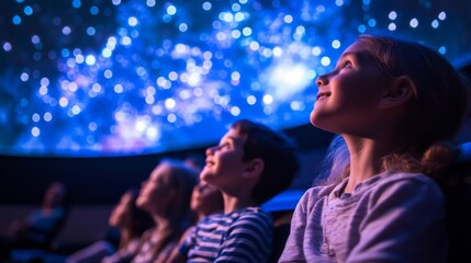 Children gazing in wonder at a planetarium show