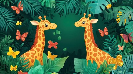 Obraz premium Playful Giraffes Surrounded by Lush Greenery and Colorful Butterflies