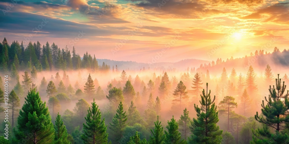 Poster Golden rays pierce through a misty forest canopy, illuminating the verdant trees and casting a magical glow on the landscape.