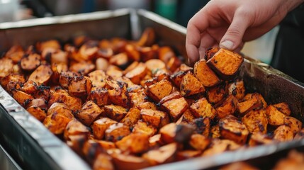 Roasted Sweet Potato Cubes In A Metal Tray