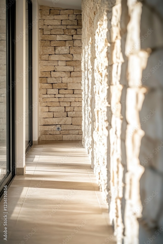 Poster a hallway with a stone wall and windows, suitable for use in architectural or interior design contex