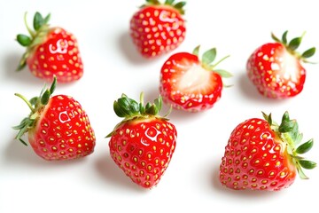 A group of fresh strawberries sitting on a white surface, ideal for food and still life photography