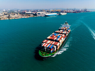 cargo logistic container ship sailing in sea, import export goods and distributing products to dealer and consumers across worldwide, container shiping service  concept.