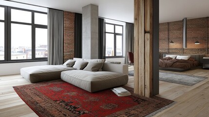 Elegant wooden partitions defining a multifunctional area in a modern loft, creating privacy and functionality.
