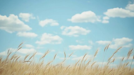 Fototapeta premium A serene landscape of golden grass under a blue sky with fluffy clouds.