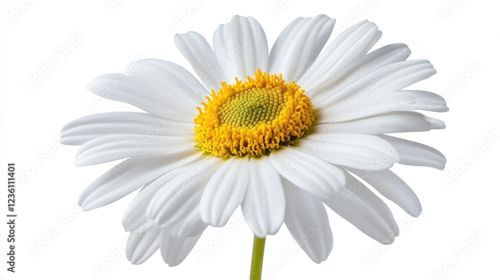 Poster A close-up shot of a single white flower with a bright yellow center, ideal for use in designs and compositions where simplicity and elegance are key